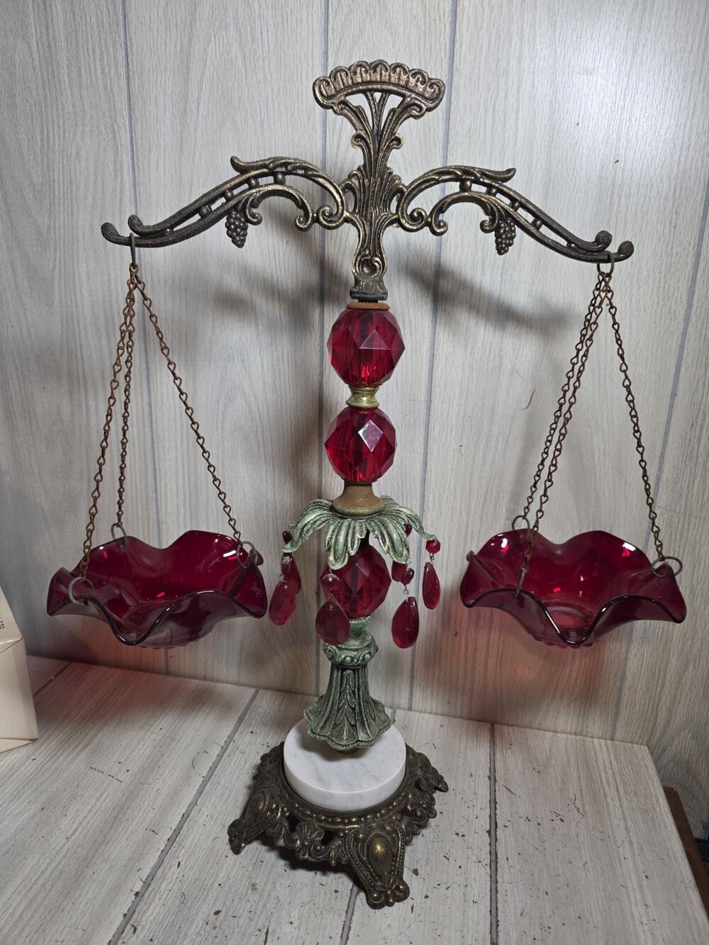 Vintage Ruby Red Glass Justice Scale Prism Marble Base Brass Regency MCM Gothic